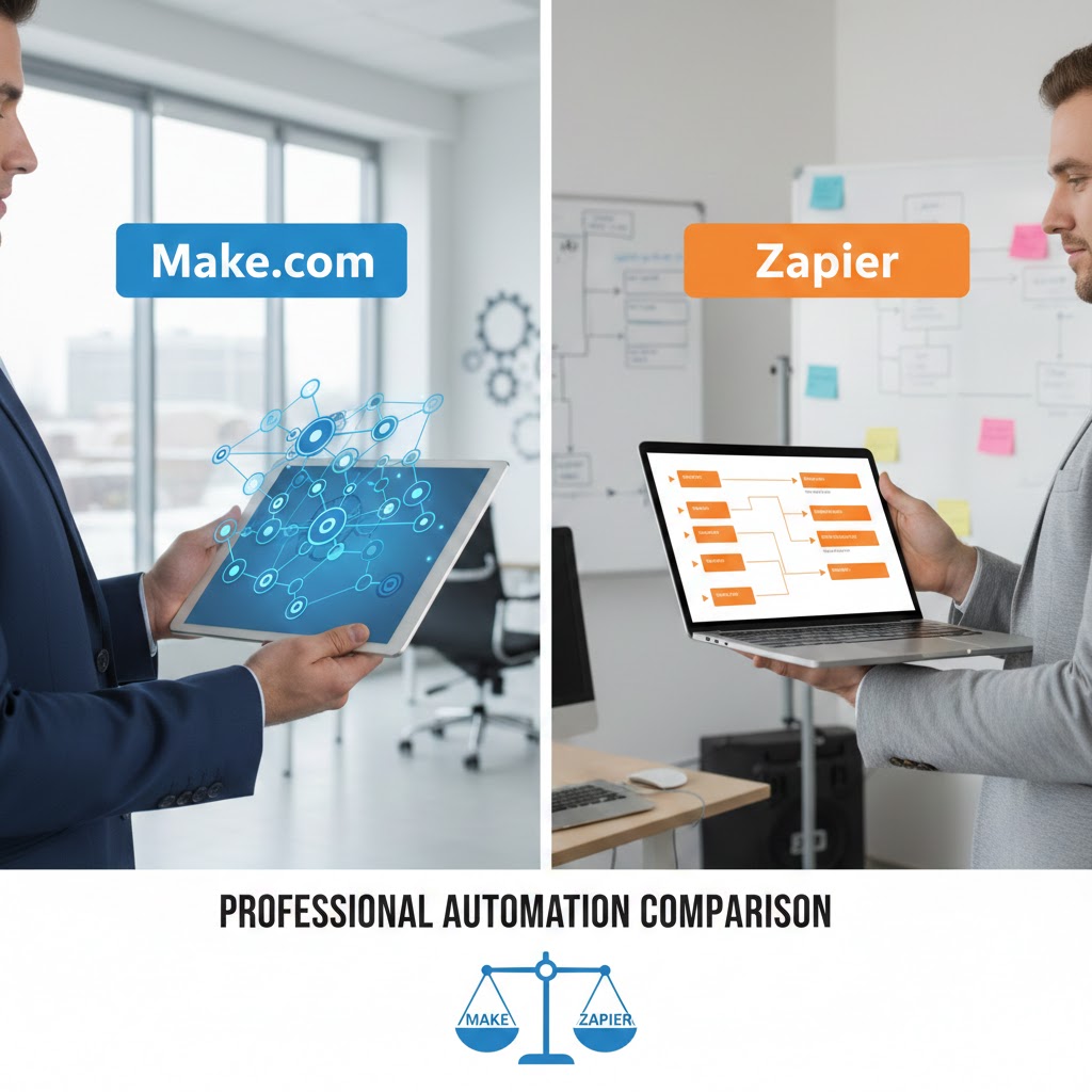 : Split-screen graphic comparing Make.com and Zapier as business automation platforms
