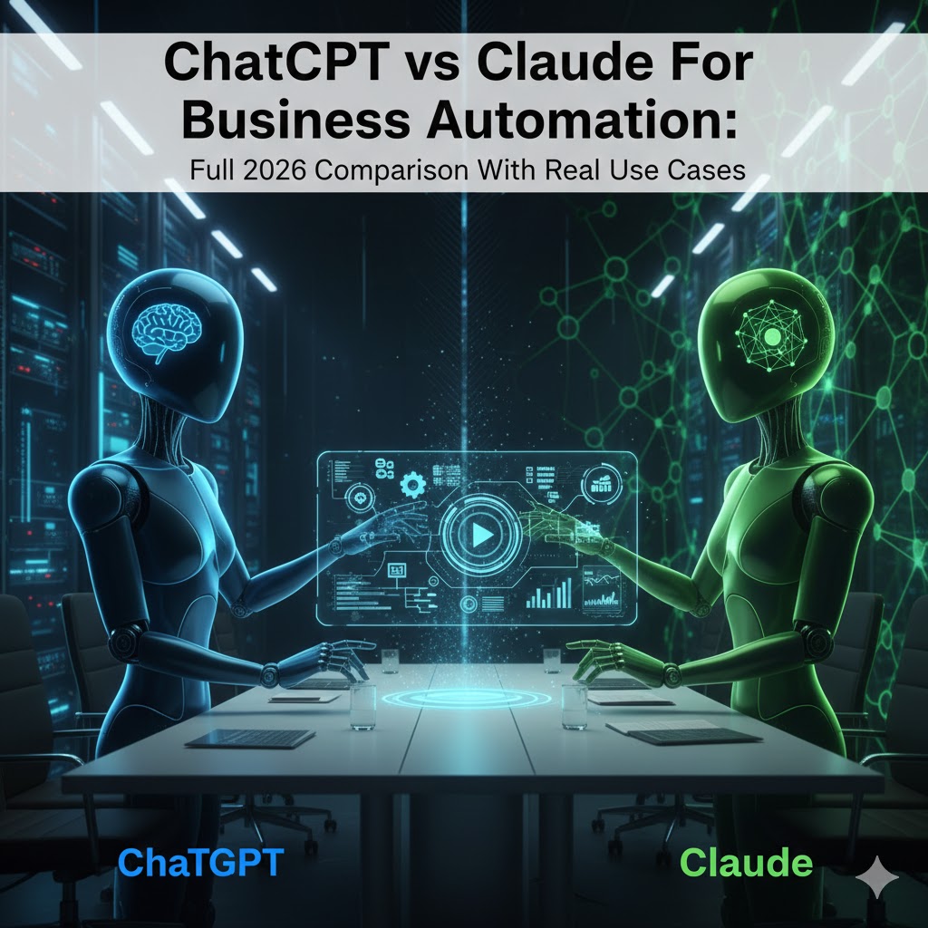 A side-by-side visual of ChatGPT vs Claude for no-code business automation. Graphic features AI agents managing complex SaaS integrations, RSS feed automation, and real-time data processing for modern business operations.
