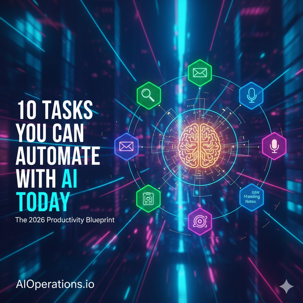 Digital infographic of AI automation tasks for business, including sales outreach and content repurposing for AIOperations.io.