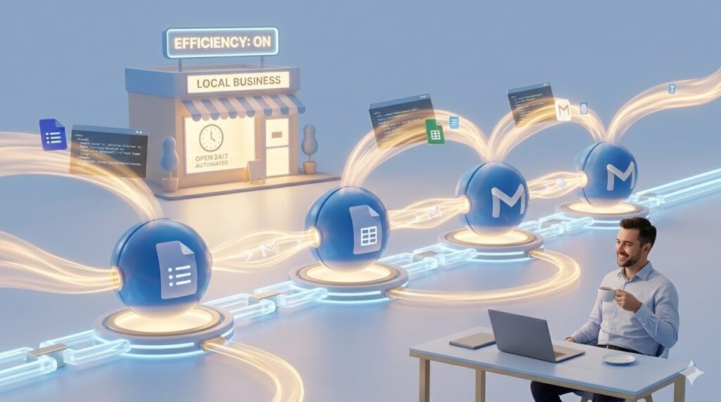 A clean, visual representation of a Make.com automation workflow showing a Google Form triggering actions in Gmail and Google Sheets, illustrating how small businesses can automate lead management.